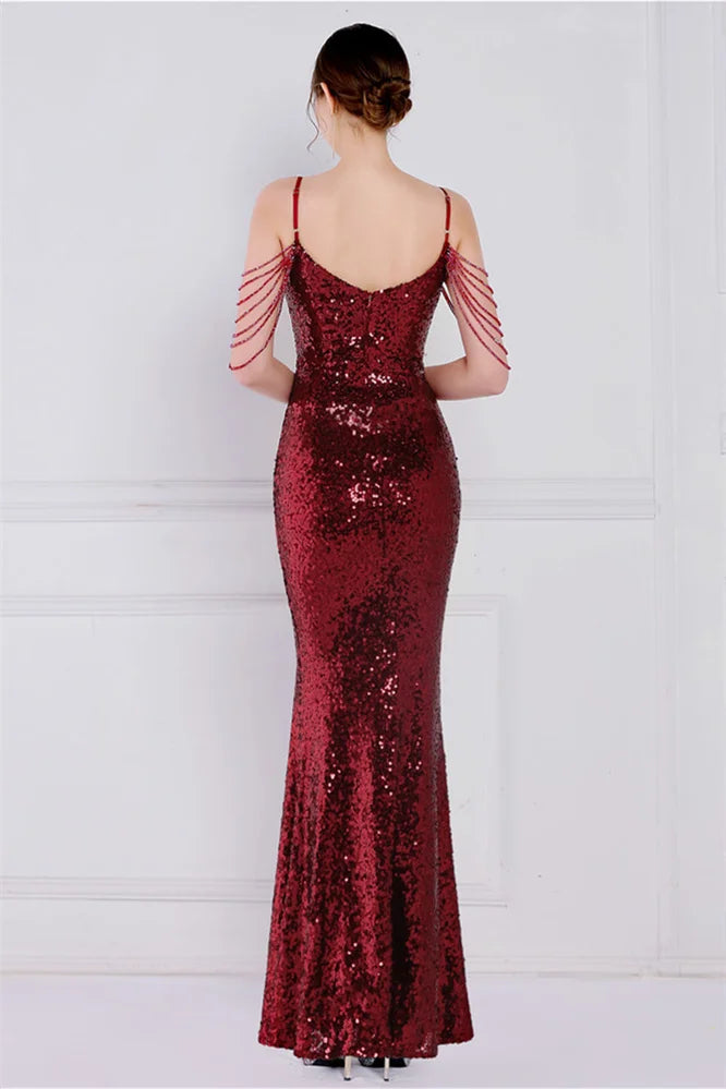 Glamorous Spaghetti-Straps Sequins Evening Gown Mermaid Sleeveless-BallBride