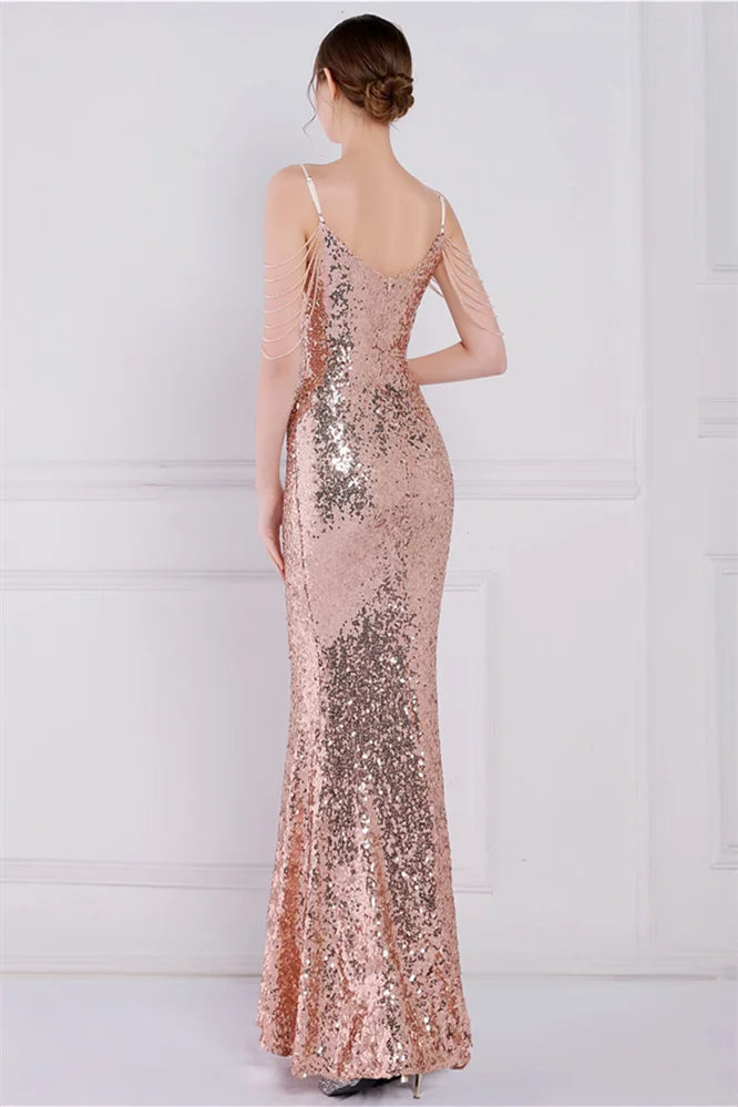 Glamorous Spaghetti-Straps Sequins Evening Gown Mermaid Sleeveless-BallBride