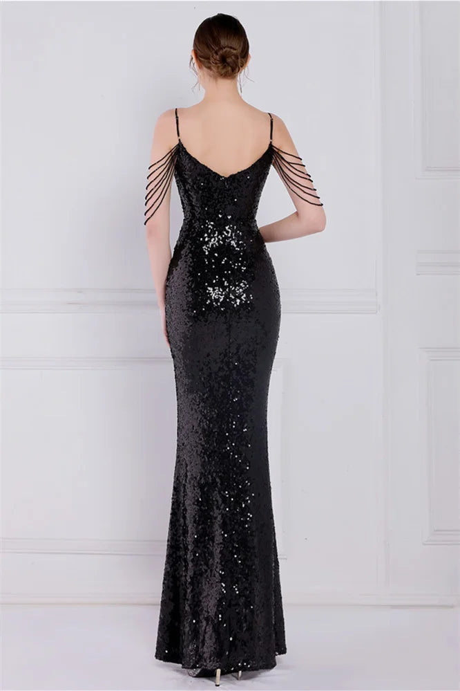 Glamorous Spaghetti-Straps Sequins Evening Gown Mermaid Sleeveless-BallBride