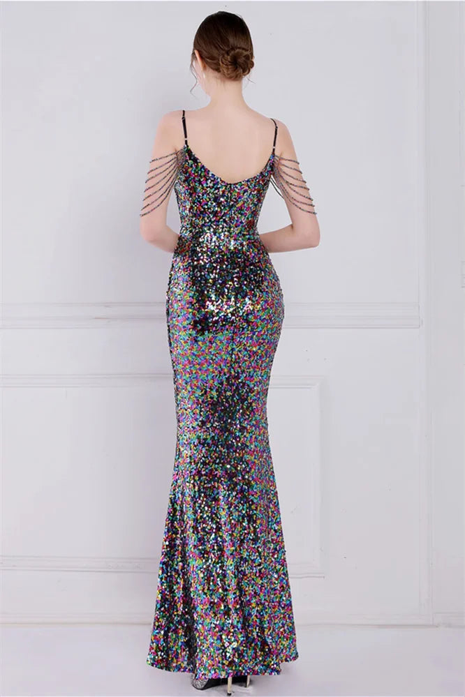 Glamorous Spaghetti-Straps Sequins Evening Gown Mermaid Sleeveless-BallBride