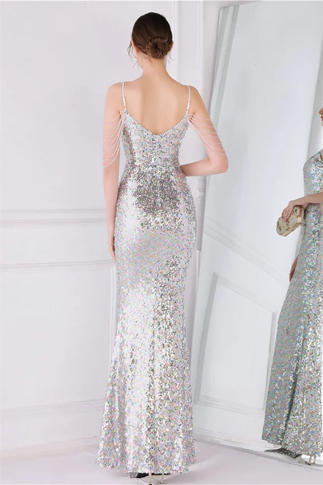 Glamorous Spaghetti-Straps Sequins Evening Gown Mermaid Sleeveless-BallBride