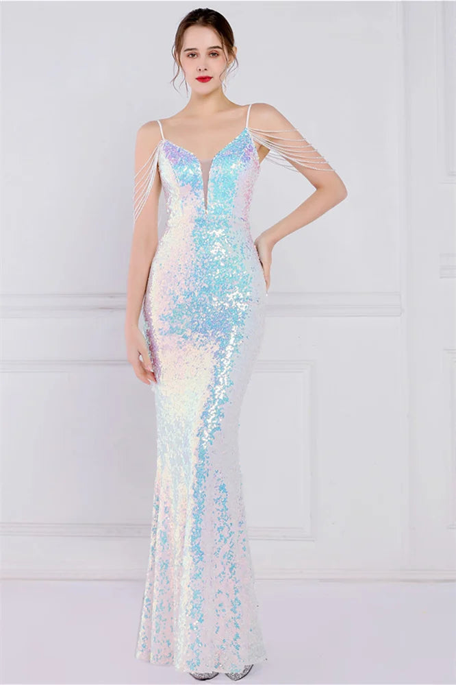 Glamorous Spaghetti-Straps Sequins Evening Gown Mermaid Sleeveless-BallBride