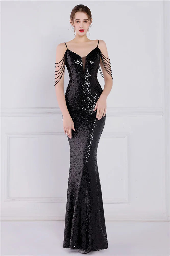 Glamorous Spaghetti-Straps Sequins Evening Gown Mermaid Sleeveless-BallBride