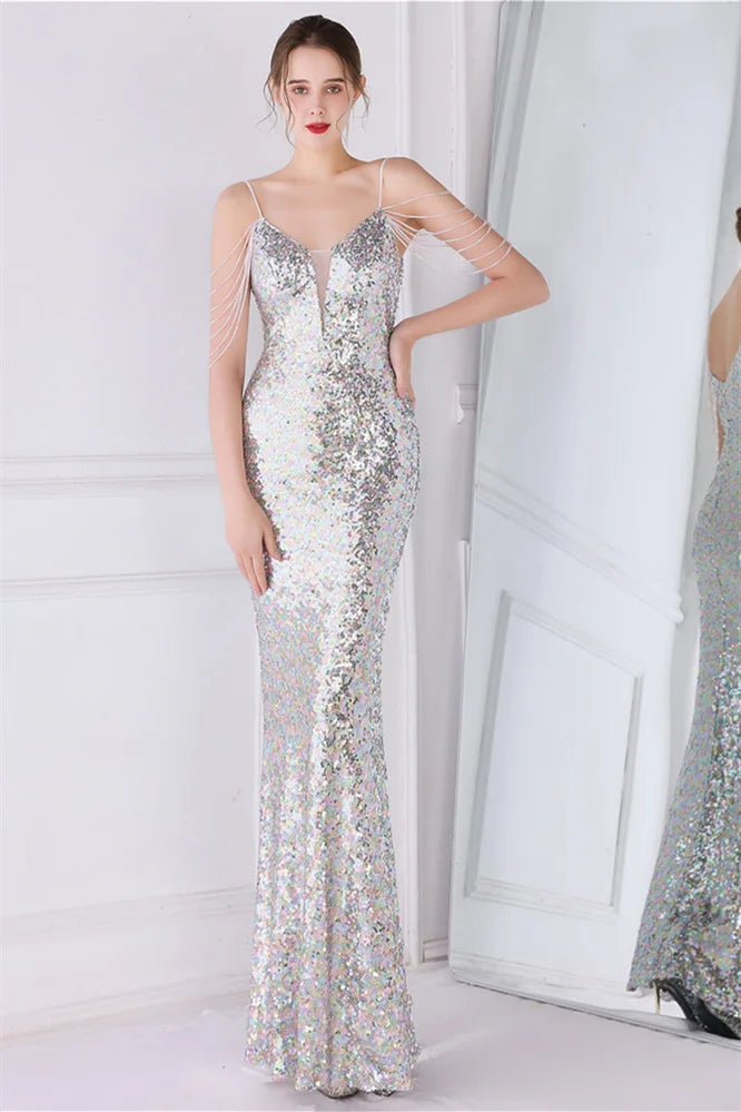 Glamorous Spaghetti-Straps Sequins Evening Gown Mermaid Sleeveless-BallBride