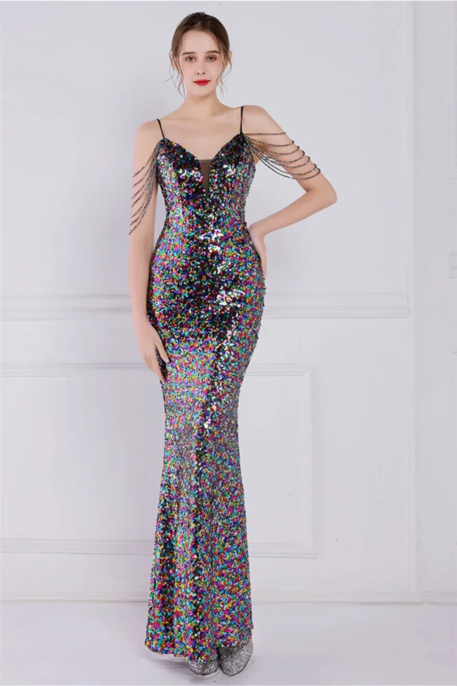 Glamorous Spaghetti-Straps Sequins Evening Gown Mermaid Sleeveless-BallBride