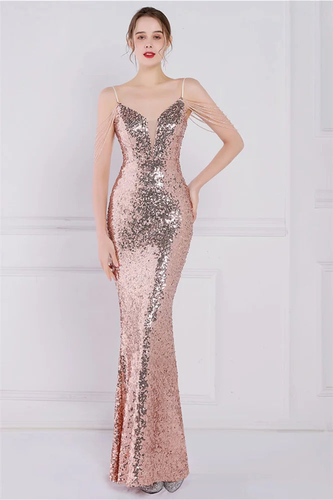 Glamorous Spaghetti-Straps Sequins Evening Gown Mermaid Sleeveless-BallBride