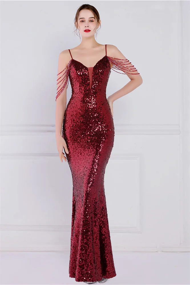 Glamorous Spaghetti-Straps Sequins Evening Gown Mermaid Sleeveless-BallBride