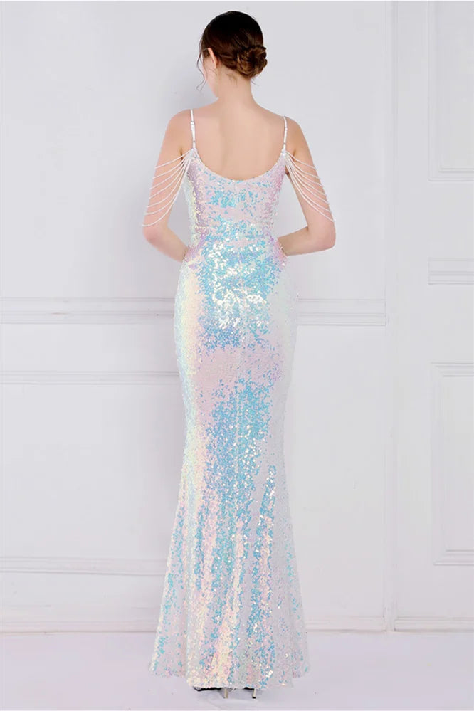 Glamorous Spaghetti-Straps Sequins Evening Gown Mermaid Sleeveless-BallBride