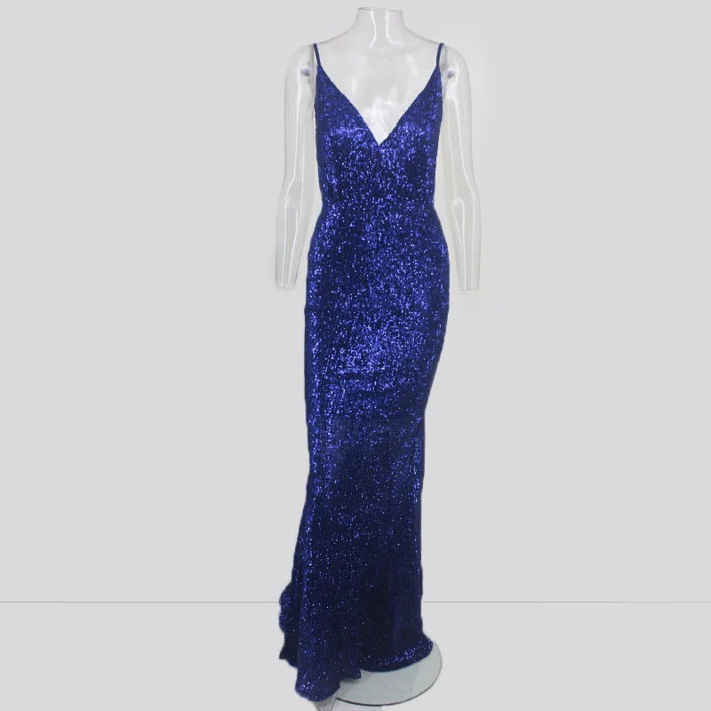 Glamorous Spaghetti-Straps Sequins Navy Prom Dress Long Mermaid Evening Gowns-BallBride