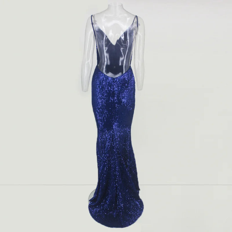 Glamorous Spaghetti-Straps Sequins Navy Prom Dress Long Mermaid Evening Gowns-BallBride