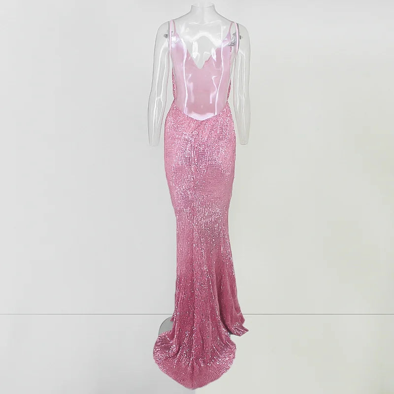 Glamorous Spaghetti-Straps Sequins Navy Prom Dress Long Mermaid Evening Gowns-BallBride