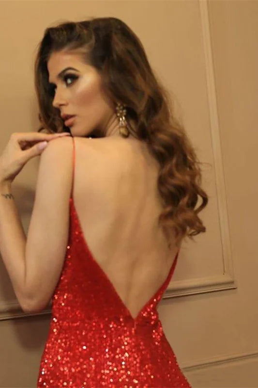 Glamorous Spaghetti-Straps Sequins V-Neck Prom Dress Mermaid Evening Gowns-BallBride
