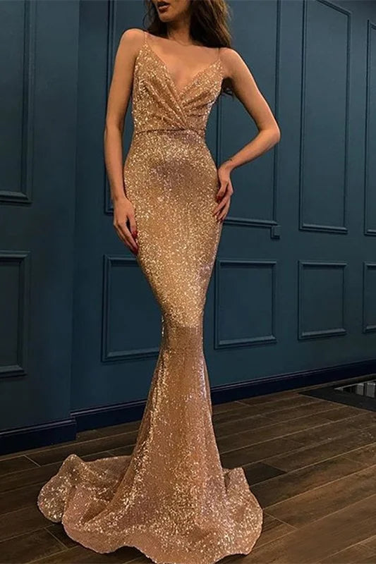 Glamorous Spaghetti-Straps Sequins V-Neck Prom Dress Mermaid Evening Gowns-BallBride