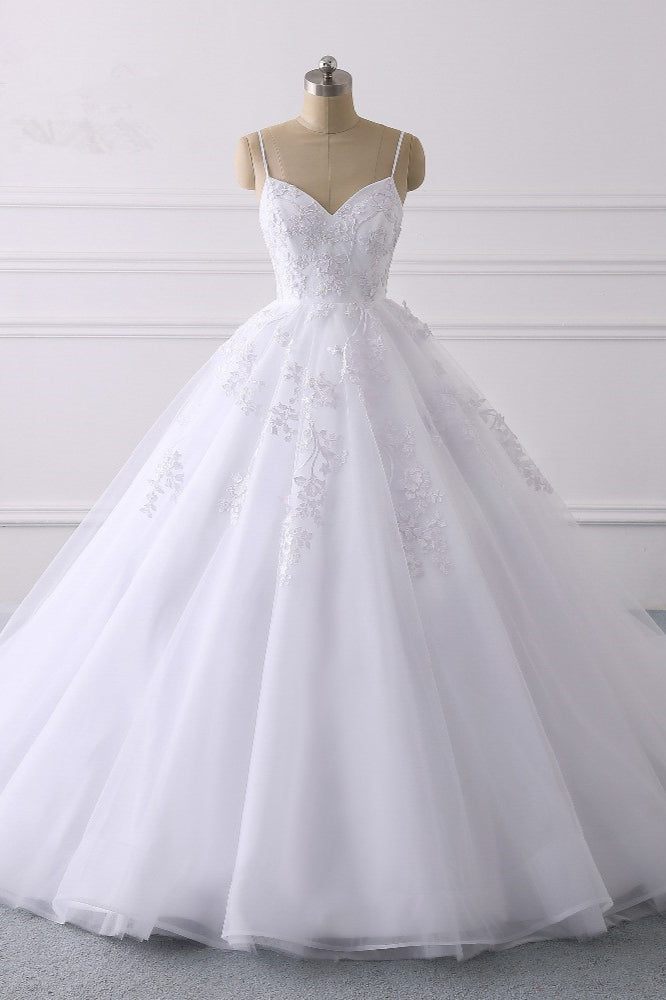 Glamorous Spaghetti-Straps V-Neck Tulle Wedding Dress with Appliques Lace-BallBride