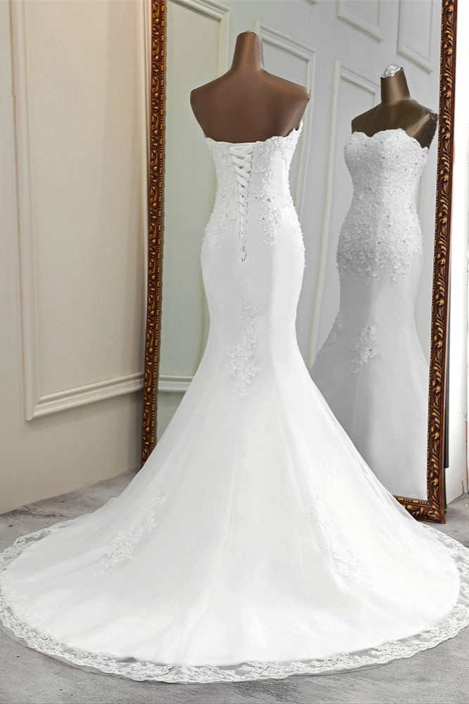 Glamorous Strapless Lace Appliques Long Mermaid Wedding Dress With Beadings-BallBride