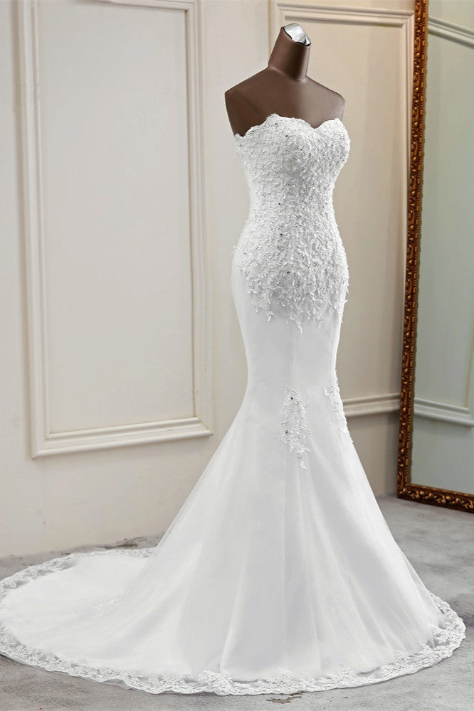 Glamorous Strapless Lace Appliques Long Mermaid Wedding Dress With Beadings-BallBride