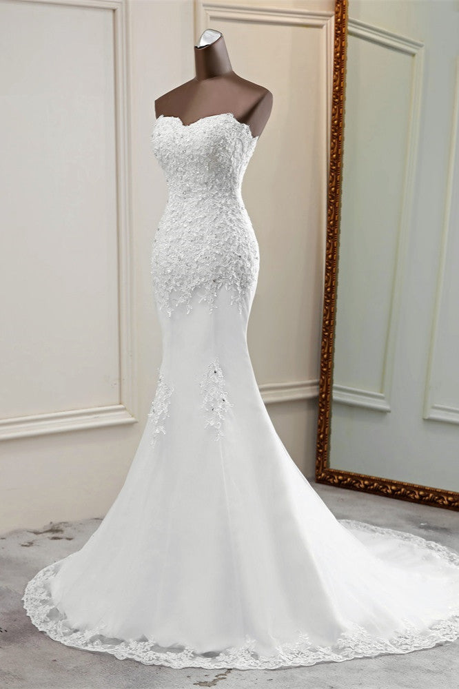 Glamorous Strapless Lace Appliques Long Mermaid Wedding Dress With Beadings-BallBride