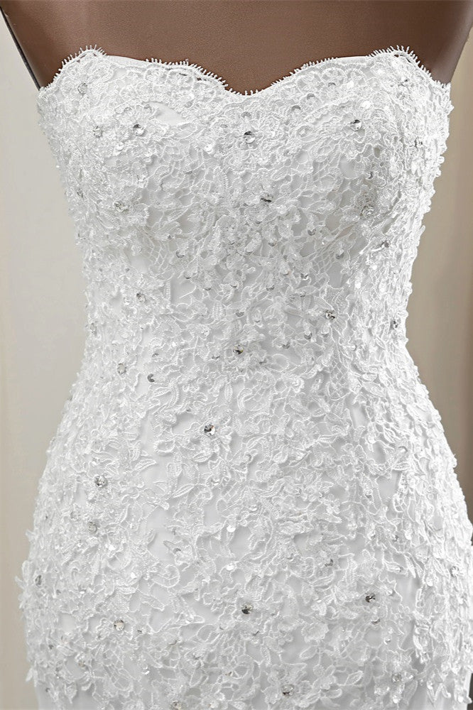 Glamorous Strapless Lace Appliques Long Mermaid Wedding Dress With Beadings-BallBride