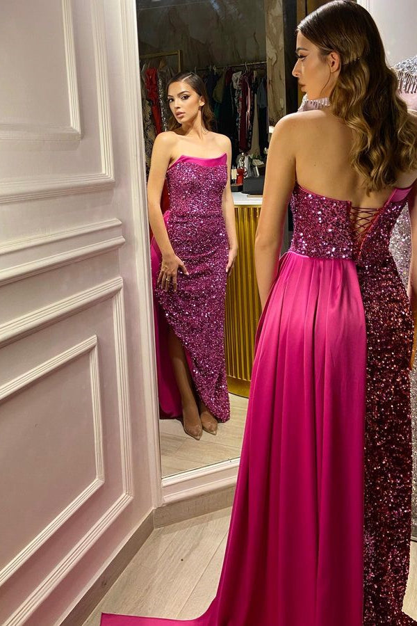 Glamorous Strapless Sequins Prom Dresses with Long Ruffles and Slit-BallBride