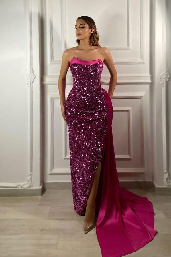 Glamorous Strapless Sequins Prom Dresses with Long Ruffles and Slit-BallBride