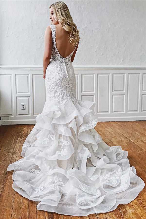 Glamorous Straps Sleeveless Lace Mermaid Wedding Dress With Ruffled-BallBride
