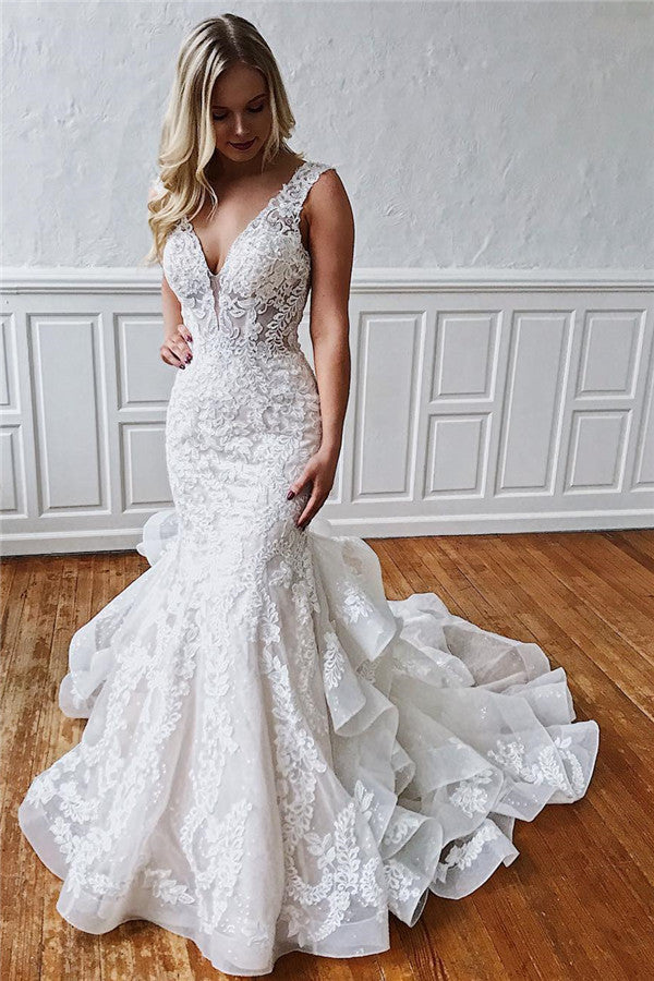 Glamorous Straps Sleeveless Lace Mermaid Wedding Dress With Ruffled-BallBride