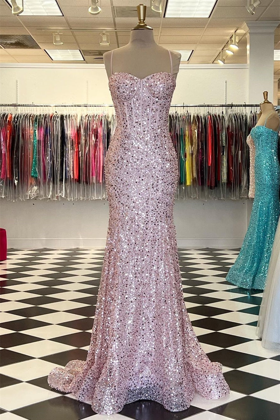 Glamorous Sweetheart Mermaid Prom Dress with Sequins and Spaghetti-Straps-BallBride