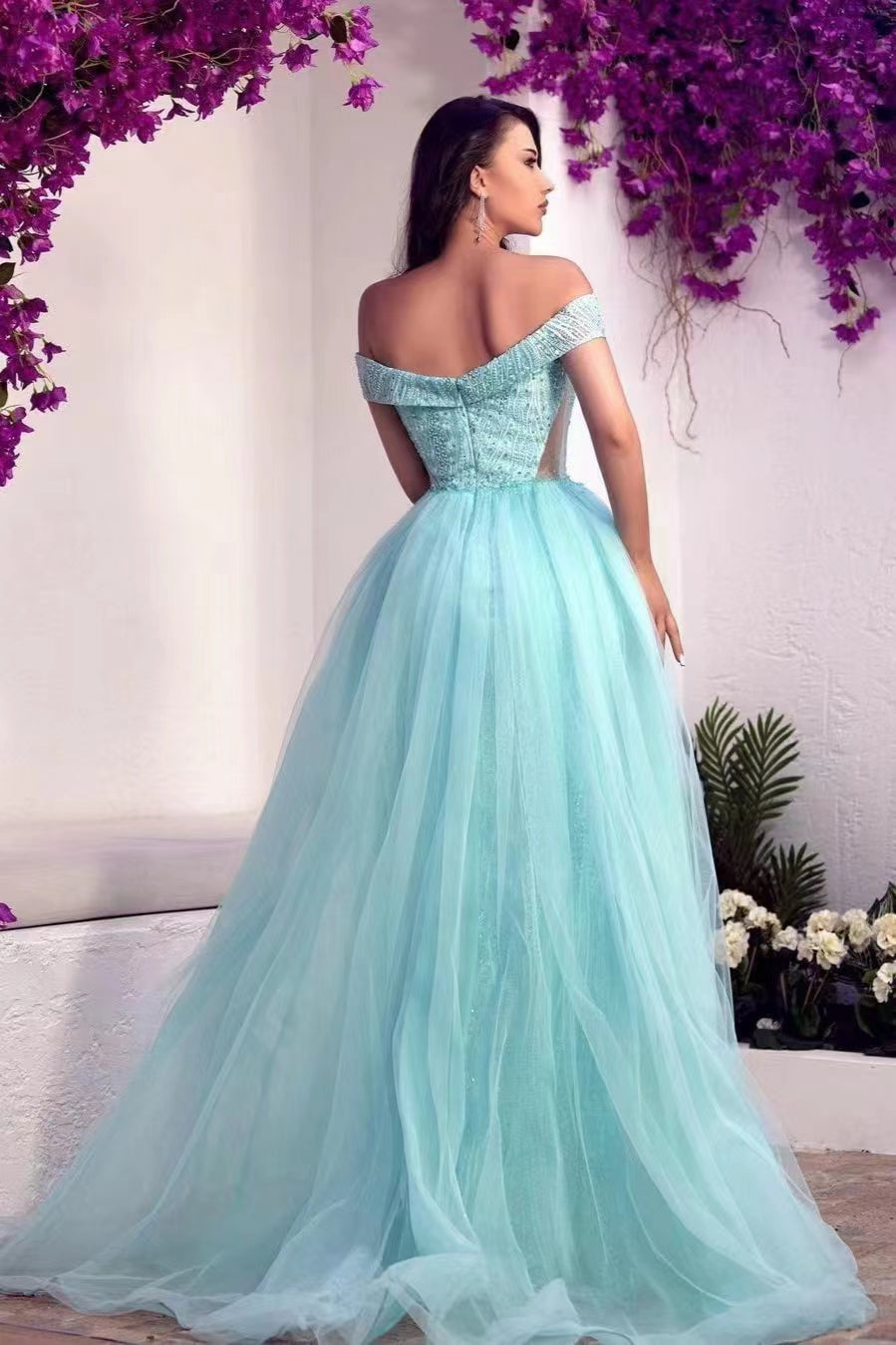 Glamorous Sweetheart Tulle Prom Dress With Sequins Beads & Off-The-Shoulder Overskirt-BallBride