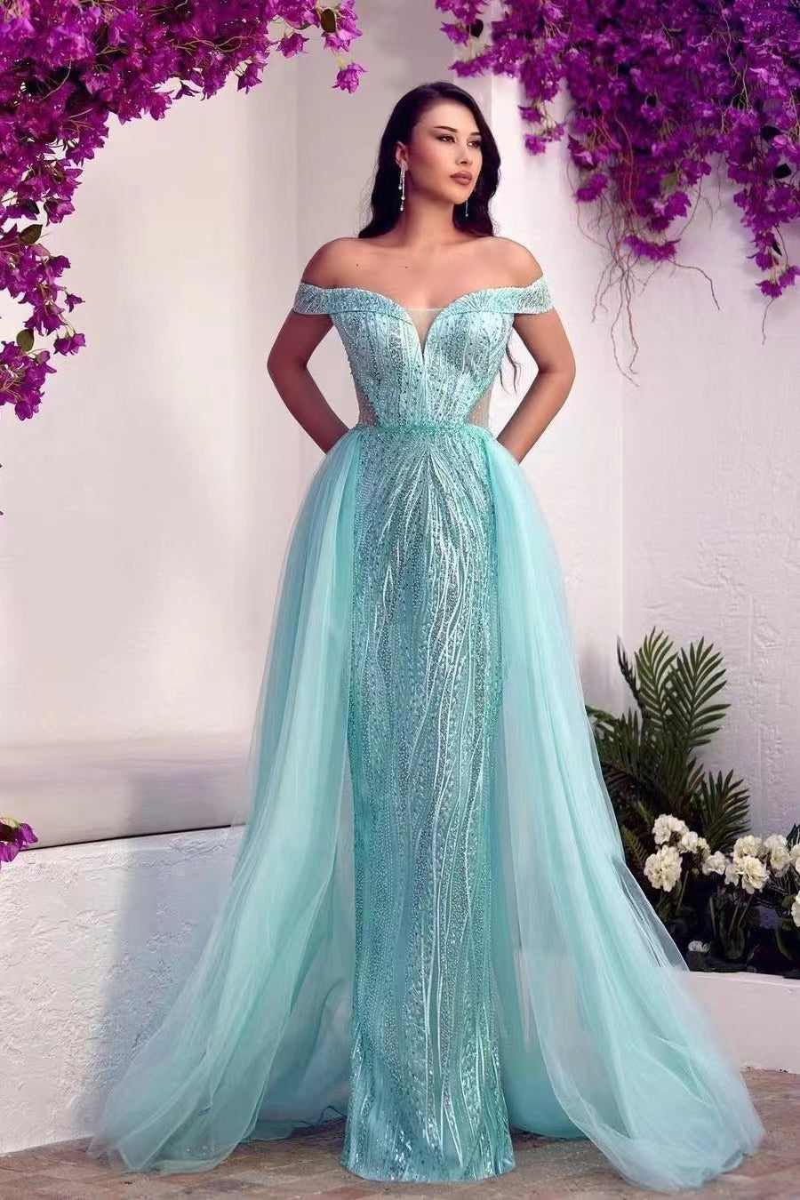 Glamorous Sweetheart Tulle Prom Dress With Sequins Beads & Off-The-Shoulder Overskirt-BallBride