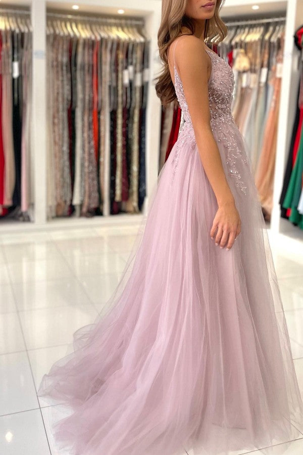Glamorous Tulle Spaghetti Strap A-Line Evening Dress With Beadings-BallBride