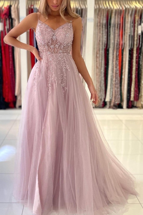 Glamorous Tulle Spaghetti Strap A-Line Evening Dress With Beadings-BallBride