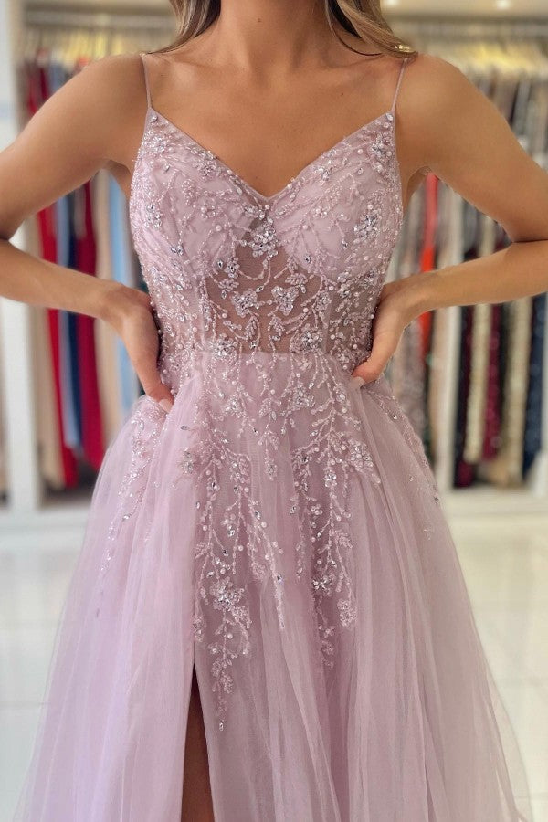 Glamorous Tulle Spaghetti Strap A-Line Evening Dress With Beadings-BallBride