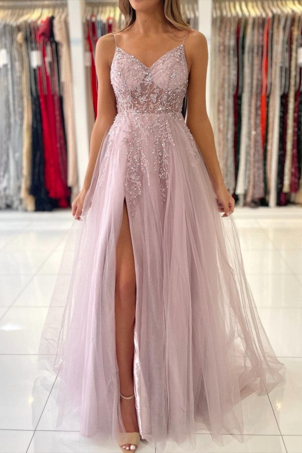 Glamorous Tulle Spaghetti Strap A-Line Evening Dress With Beadings-BallBride