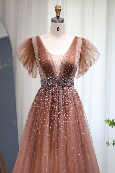 Glamorous V Neck A-Line Evening Dress with Glitter and Sequins Diamonds-BallBride