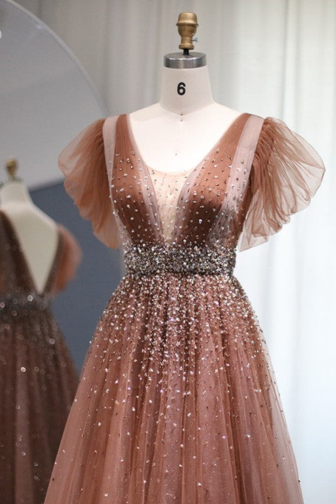Glamorous V Neck A-Line Evening Dress with Glitter and Sequins Diamonds-BallBride