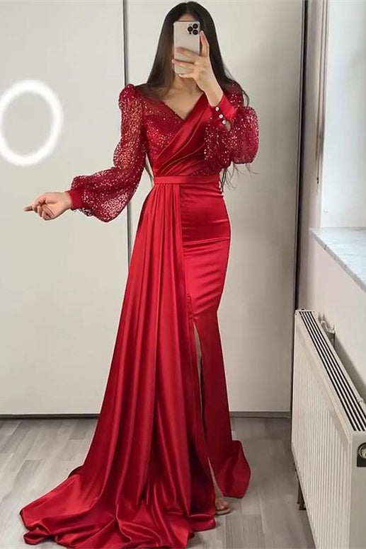 Glamorous V-Neck Long Sleeves Sequins Mermaid Split Evening Dress With Ruffle-BallBride