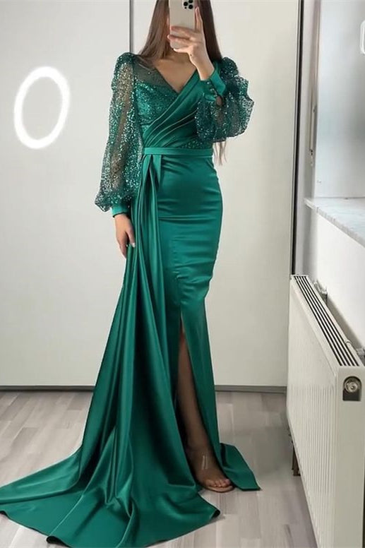 Glamorous V-Neck Long Sleeves Sequins Mermaid Split Evening Dress With Ruffle-BallBride