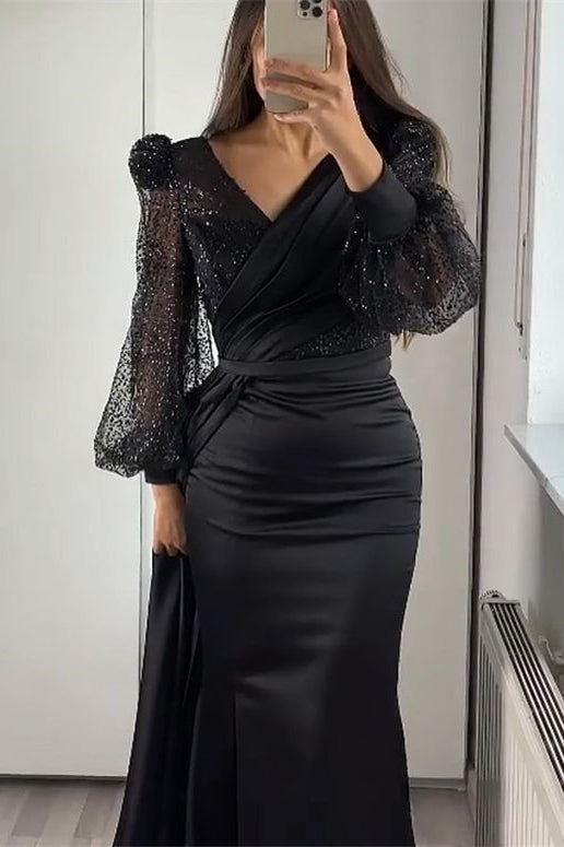 Glamorous V-Neck Long Sleeves Sequins Mermaid Split Evening Dress With Ruffle-BallBride