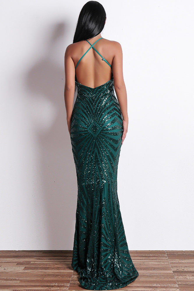 Glamorous V-Neck Mermaid Prom Dress with Sequins Evening Gowns Spaghetti-Straps-BallBride