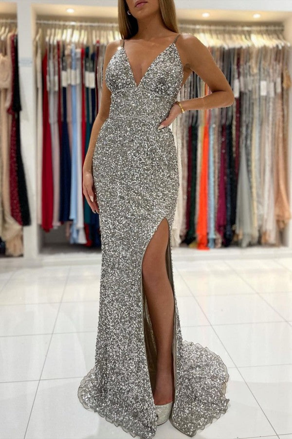 Glamorous V-Neck Mermaid Prom Dress with Slit-BallBride