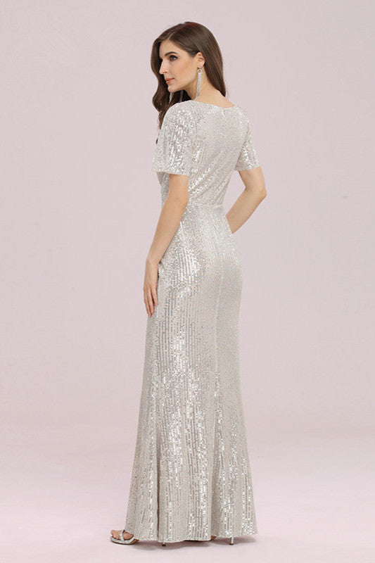 Glamorous V-Neck Short Sleeve Sequins Prom Dress-BallBride