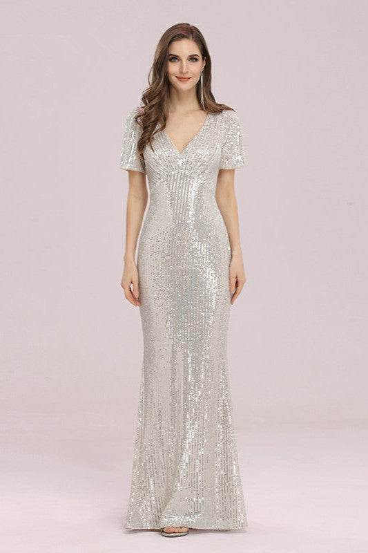 Glamorous V-Neck Short Sleeve Sequins Prom Dress-BallBride