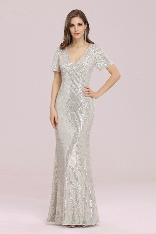 Glamorous V-Neck Short Sleeve Sequins Prom Dress-BallBride