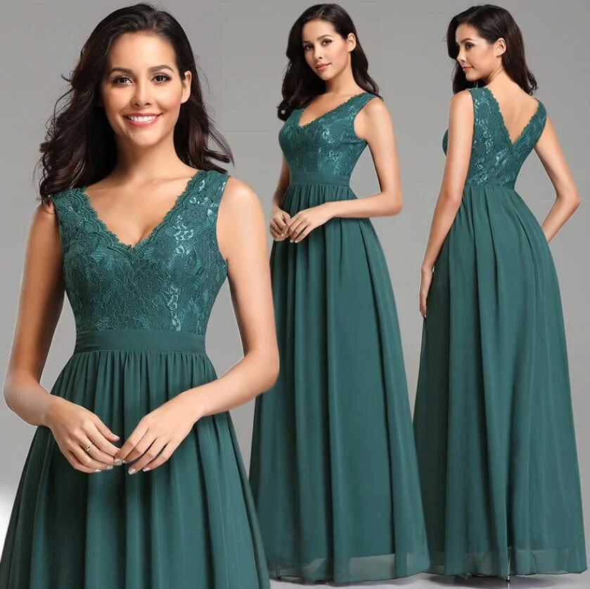 Glamorous V-Neck Sleeveless Lace Long Chiffon Evening Gowns-BallBride