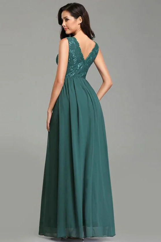 Glamorous V-Neck Sleeveless Lace Long Chiffon Evening Gowns-BallBride