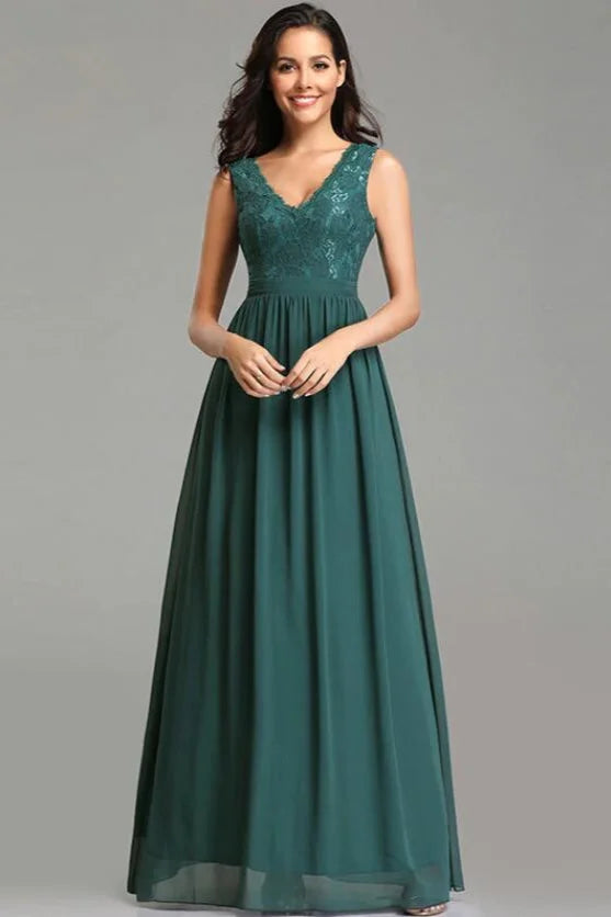 Glamorous V-Neck Sleeveless Lace Long Chiffon Evening Gowns-BallBride