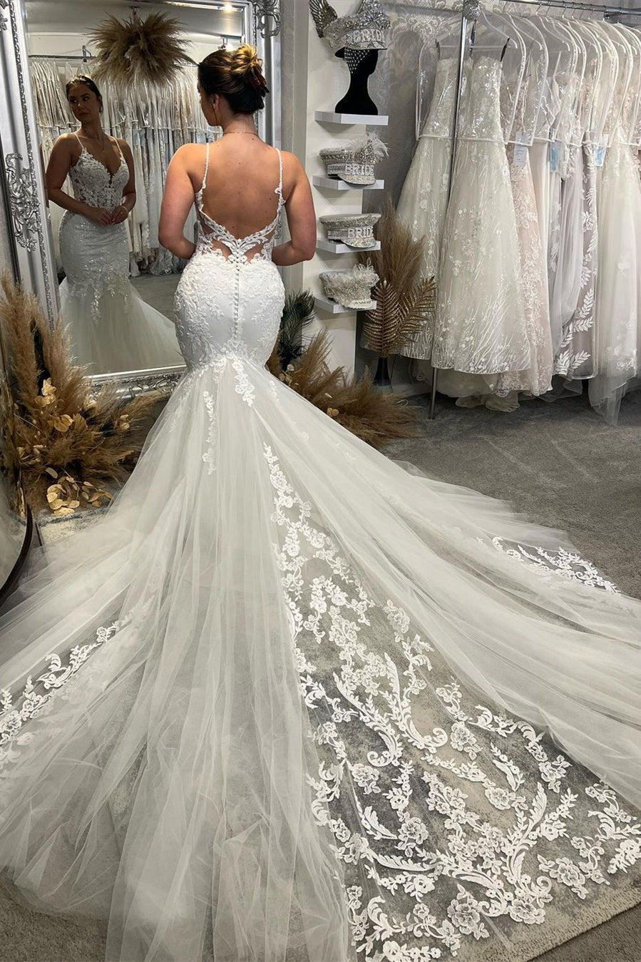Glamorous V-Neck Spaghetti Straps Sleeveless Mermaid Bridal Gown-Ballbride