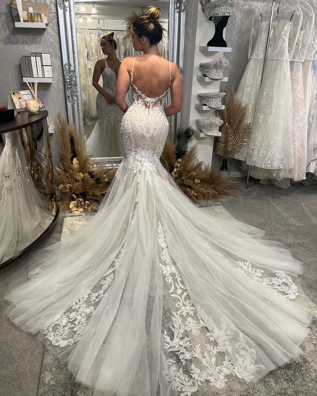 Glamorous V-Neck Spaghetti Straps Sleeveless Mermaid Bridal Gown-Ballbride