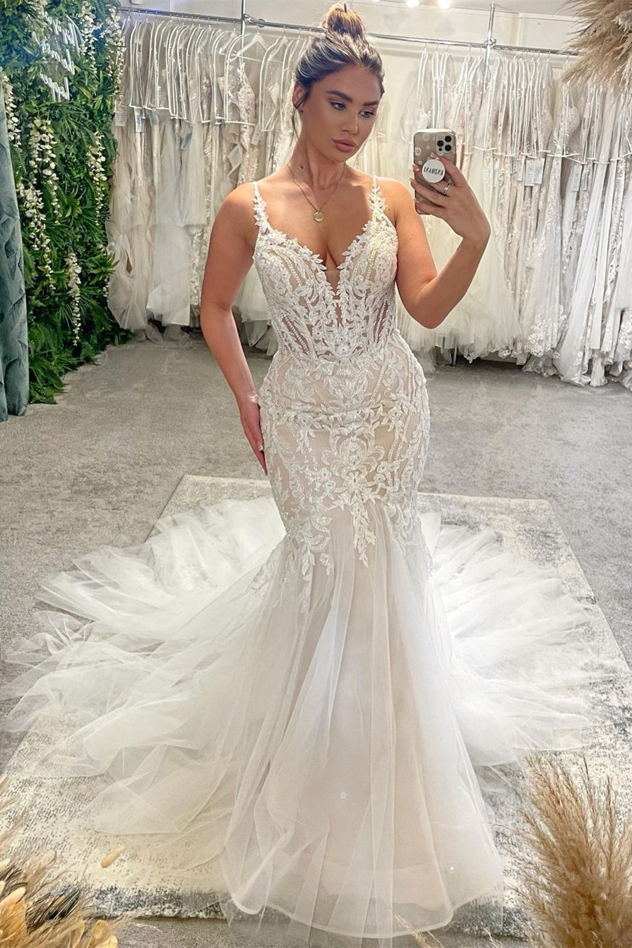 Glamorous V-Neck Spaghetti Straps Sleeveless Mermaid Bridal Gown-Ballbride