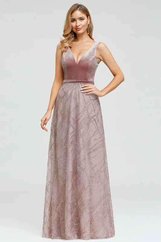 Glamorous V-Neck Velvet Top Prom Dress Long Sequins Evening Party Gowns-BallBride